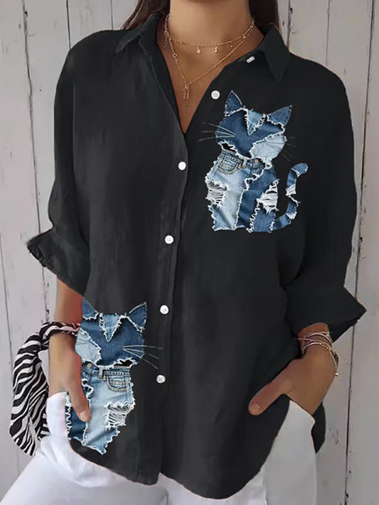 Women's Retro Funny Denim Patch Animal Cat Print Casual Shirt elevenforest