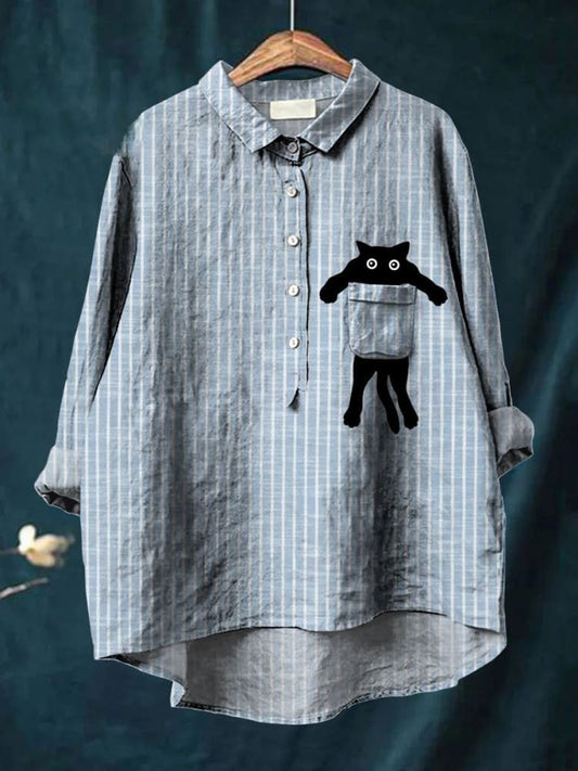 Women's Black Cat Stripe Art Print Casual Cotton And Linen Shirt elevenforest