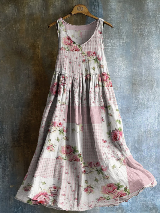 Vintage Cottagecore Floral Patchwork Linen Tank Dress artswardrobe