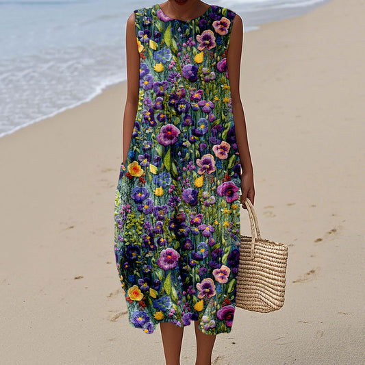Elegant Violet Wildflower Embroidery Art Linen Tank Dress artswardrobe