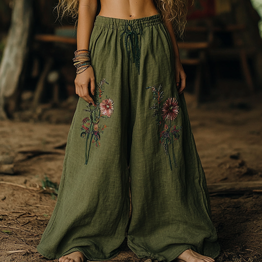 Vintage Bohemian Resort Forest Floral Ethnic Totem Art Printed Cotton Linen Wide Leg Pants artswardrobe
