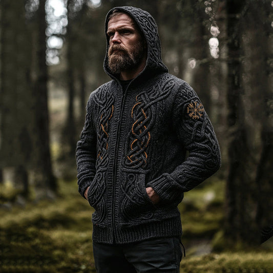 Men's Vintage Viking Inspired Celtic Jacquard Hooded Sweater Cardigan elevenforest