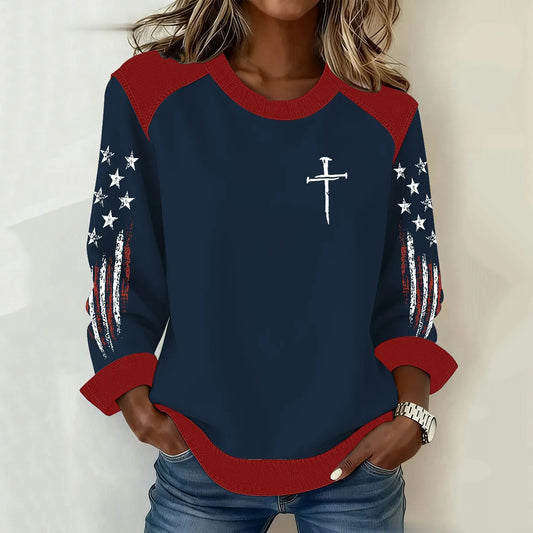 Comstylish Women's Vintage American Flag Inspired Faith Cross Print Sweatshirt