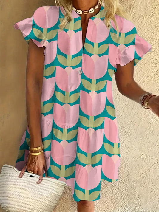 Vintage Flower Print Ruffled Short-sleeved V-neck Buttoned Dress Vacation Beach Dress