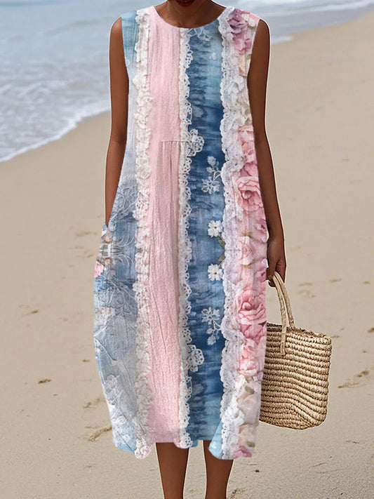 Vintage Lace Floral Art Women's Linen Vest Dress artswardrobe