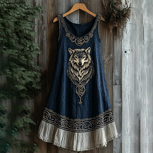 Viking Wolf Pattern Patchwork Tank Midi Dress artswardrobe
