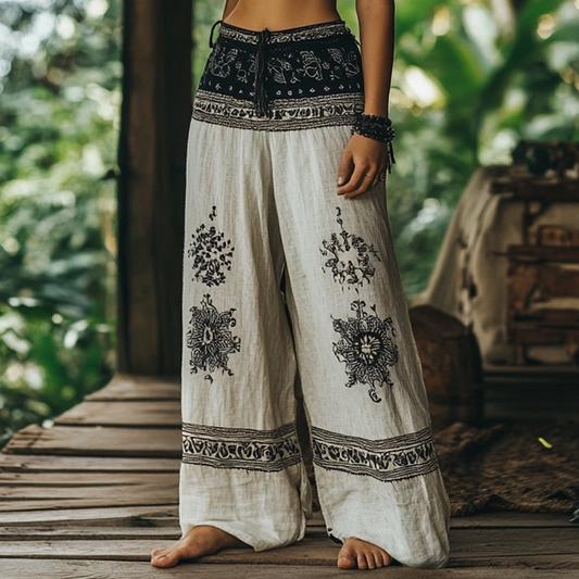 Vintage Bohemian Forest Floral Ethnic Art Printed Cotton Linen Wide Leg Pants artswardrobe