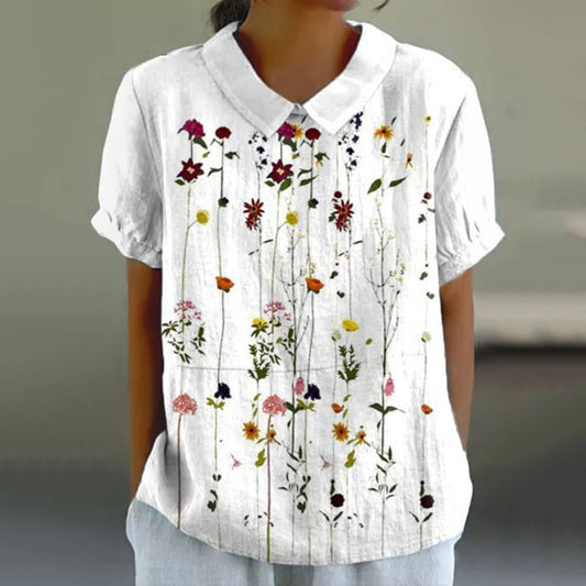 Comstylish Casual Floral Print Cotton And Linen  Short Sleeve Tops