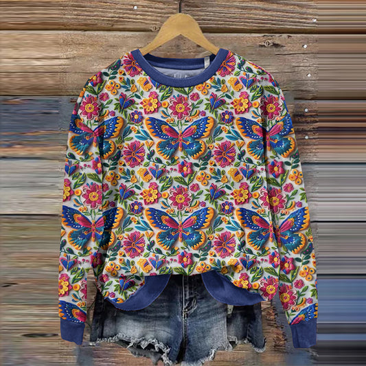 Comstylish Mexican Butterfly And Floral Embroidered Art Pattern Sweatshirt