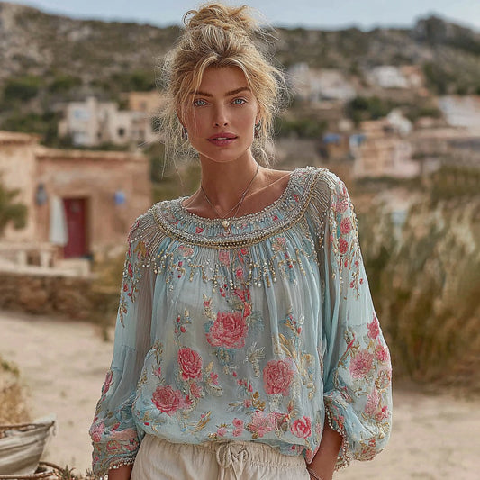 Comstylish Women's Vintage Floral Embroidered Linen Blend Crew Neck Shirt