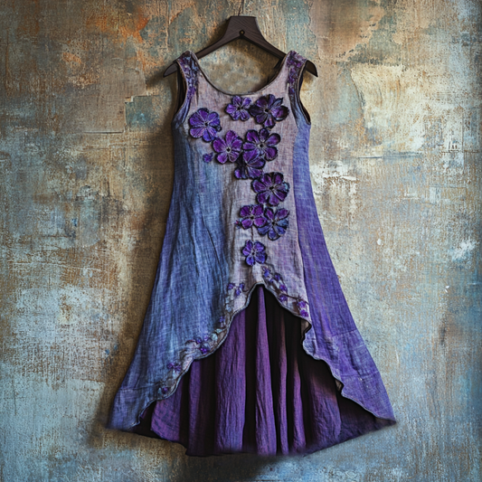 Vintage Celtic Knot With Purple Floral Pattern Linen Tank Dress artswardrobe