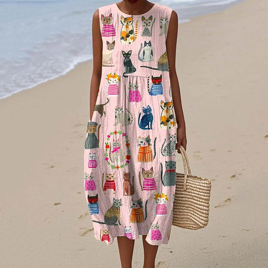 Women's Cute Cat Art Print Linen Dress elevenforest