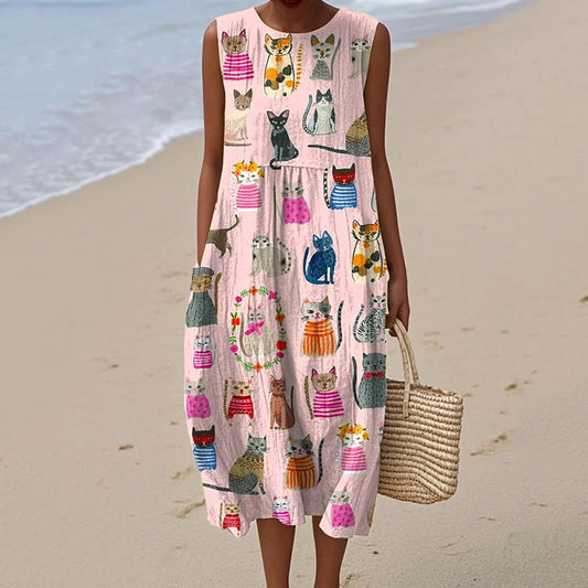 Women's Cute Cat Art Print Linen Dress artswardrobe