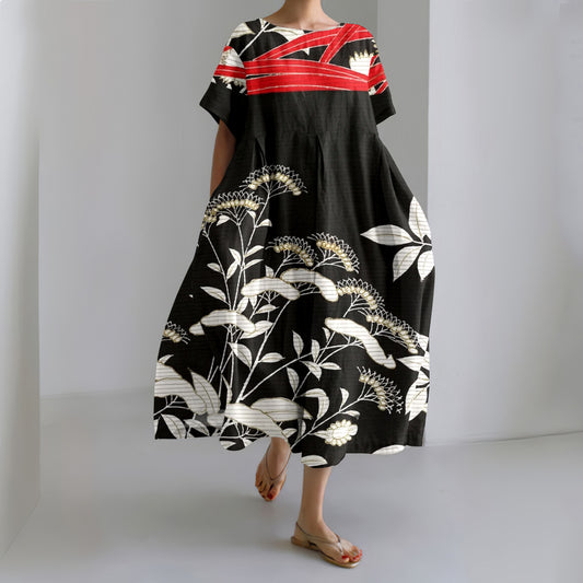 Comstylish Japanese Art Flower Print Round Neck Loose Midi Dress