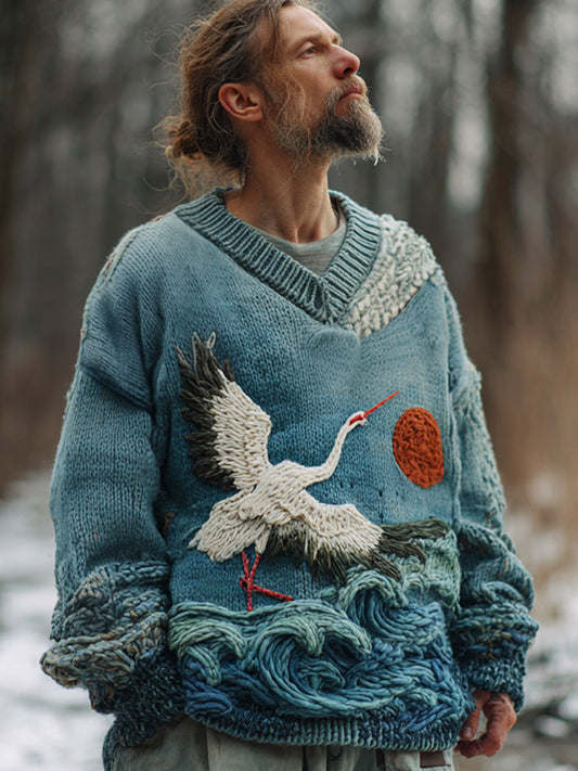 Vintage Japanese Crane & Ocean Art Men's Knit V-neck Sweater elevenforest
