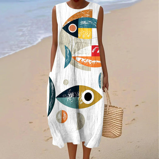 Comstylish Women's Vintage Fish Art Print Cotton Casual Dress