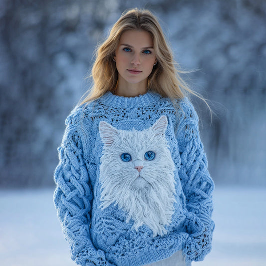 Women's Vintage Cute Cat Pattern Cozy Knit Pullover Sweater elevenforest