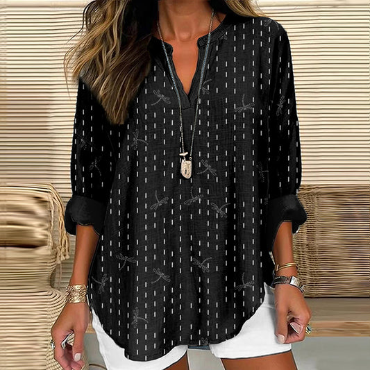 Comstylish Japanese Sashiko Dragonfly Art Cozy Linen Tunic