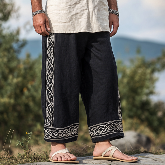 Vintage Viking Celtic Embroidery Art Linen Long Loose Wide-leg Pants artswardrobe