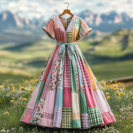 Women's Vintage Plaid Floral Patchwork Linen Short Sleeve Dress artswardrobe