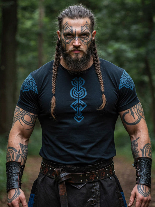 Vintage Viking Rune Print Round Neck Short Sleeve T-shirt elevenforest