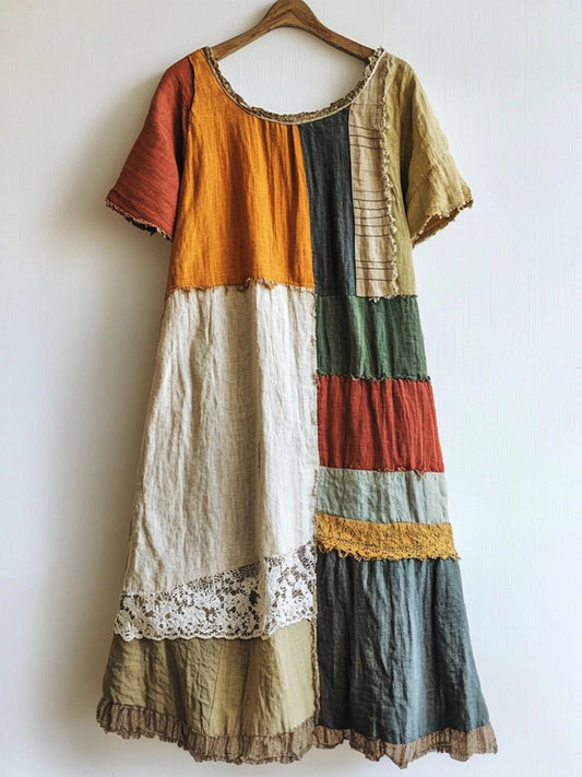 Vintage Patchwork Art Linen Blend Maxi Dress artswardrobe