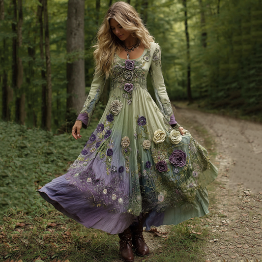 Vintage Classy Gradient Purple Lavender And Floral Embroidered Linen Maxi Dress artswardrobe