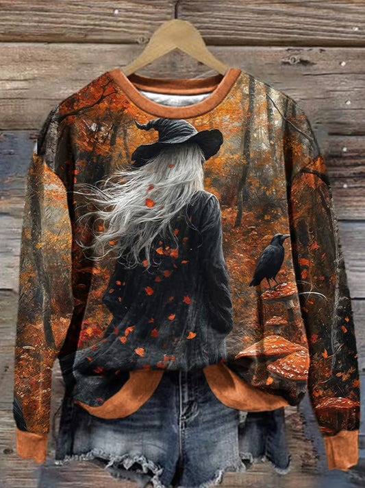 Comstylish Women's Casual Fall Halloween Forest Witch Print Sweatshirt