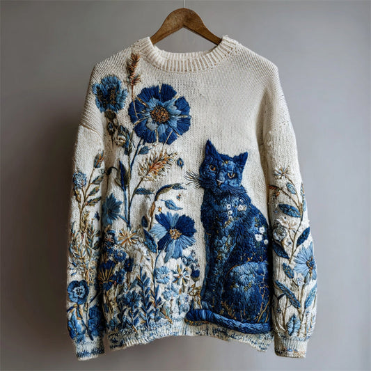 Vintage Classy Cat Floral Embroidered Cozy Knit Sweater elevenforest