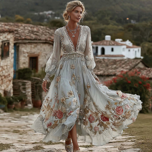 Comstylish Women's Vintage Bohemian Floral Embroidered Casual Long Sleeve Dress