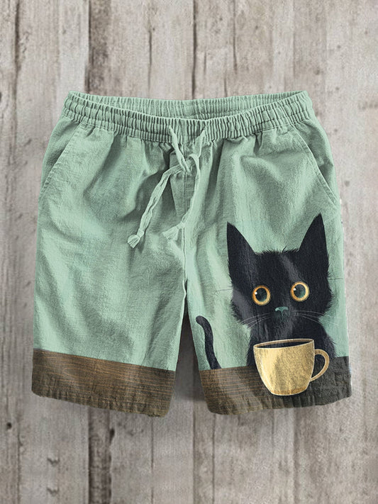 Vintage Black Cat Print Linen Blend Casual Shorts elevenforest