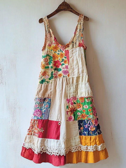 Boho Floral Pattern Patchwork Linen Blend Dress artswardrobe
