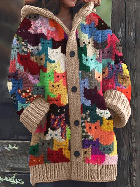 Colorful Cats Knit Art Cozy Hooded Cardigan elevenforest