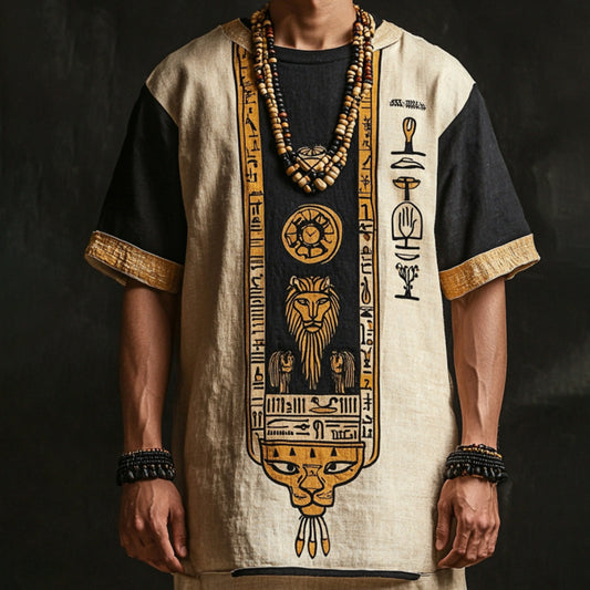 Vintage Egyptian Pattern Embroidered Contrast Linen Shirt artswardrobe