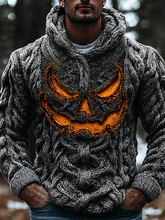Evil Pumpkin Face Men's Chunky Knit Hooded Sweater artswardrobe