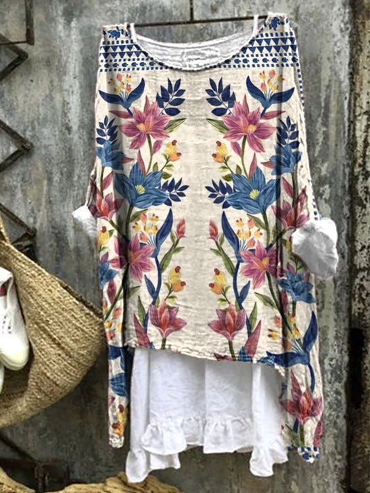 Comstylish Vintage Floral Art Pattern Linen Loose Long Shirt