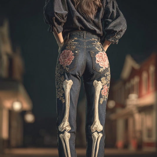 Comstylish Halloween Vintage Skull Rose Embroidered Jeans
