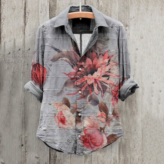 Comstylish Floral Art Print Long Sleeve Cotton And Linen Shirt