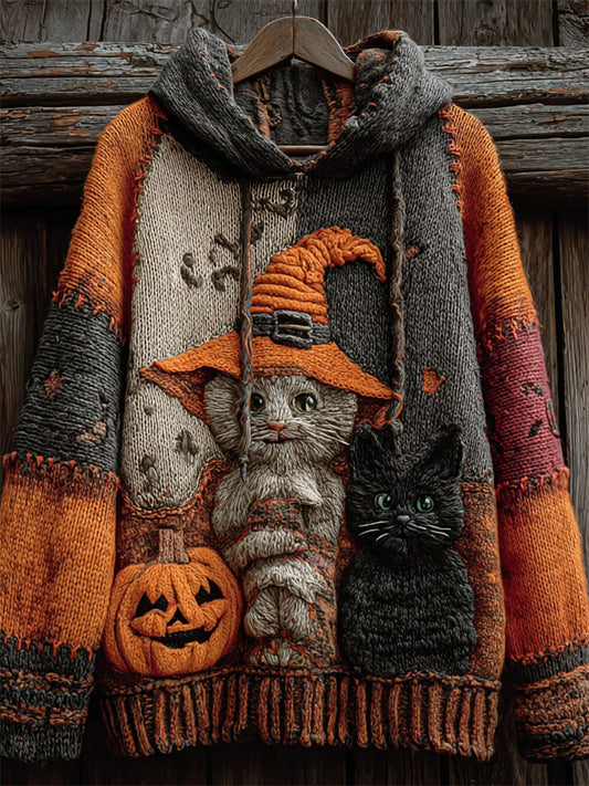 Comstylish Halloween Witch Cats Colorblock Patchwork Hooded Knit Sweater