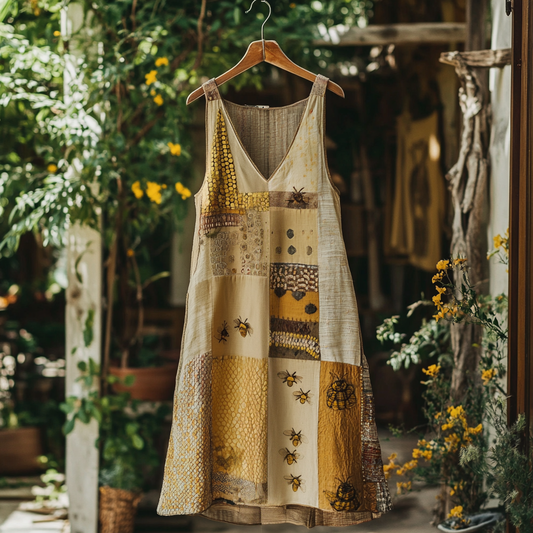 Women's Vintage Beehive And Bee Art Embroidery Short Dress artswardrobe