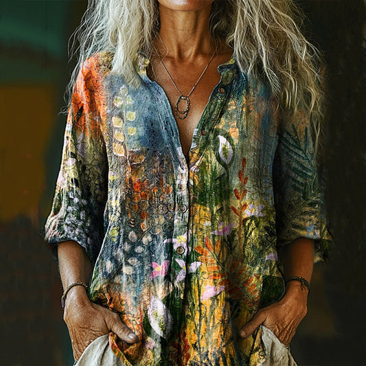 Women's Bohemian Floral Art Linen Shirt artswardrobe
