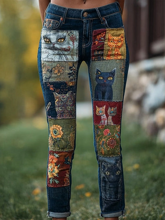 Comstylish Cute Cats Patchwork Vintage Washed Skinny Jeans