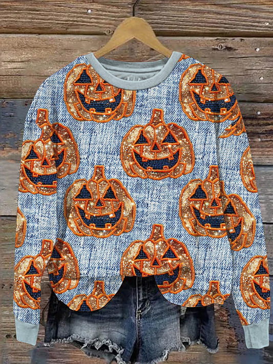 Halloween Sequined Pumpkin Casual Sweatshirt artswardrobe