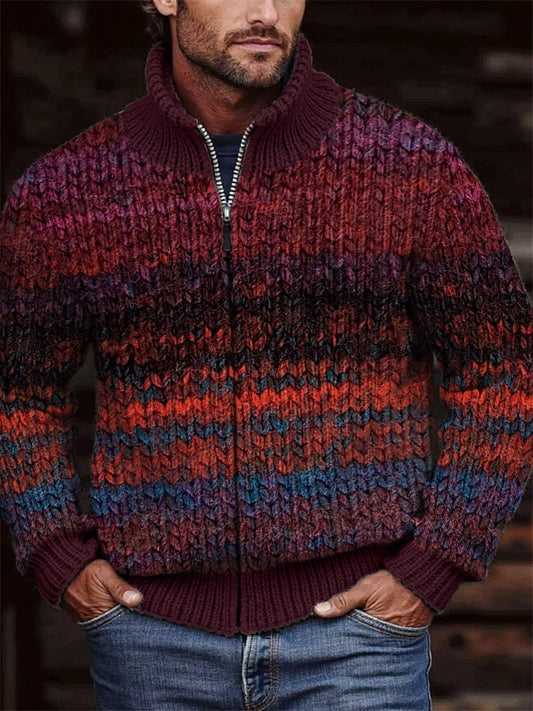Men's Vintage Colorful Crochet Art Cozy Zip Cardigan artswardrobe