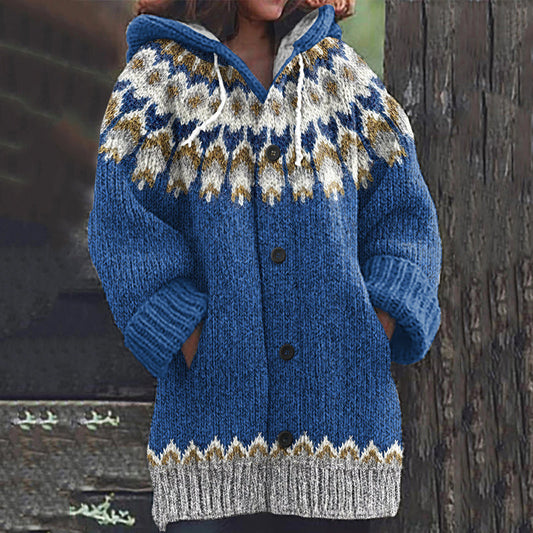 Vintage Iceland Knitted Print Hooded Cardigan Sweater elevenforest