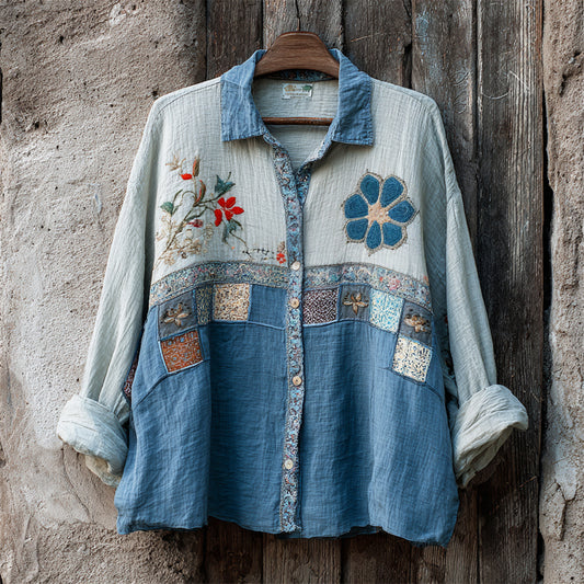 Comstylish Boho Floral Embroidery Women's Linen Long Sleeve Shirt