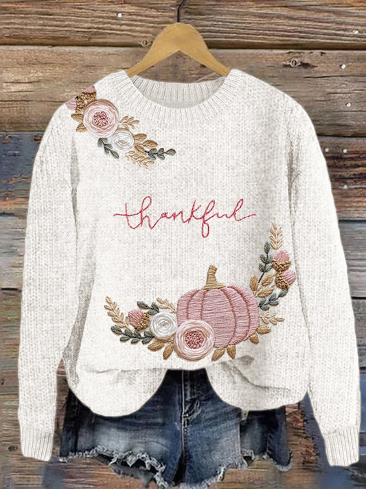 Thanksgiving Thankful Pink Pumpkin Floral Embroidered Cozy Sweater artswardrobe