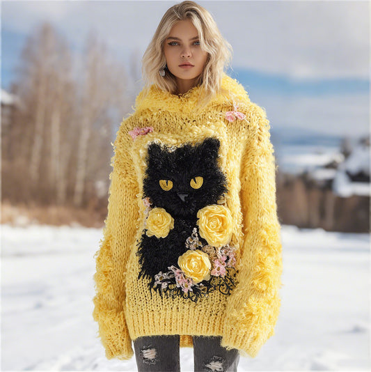 Comstylish Women's Vintage Black Cat And Roses Art Knitted Warm Cazy Hooded Sweater