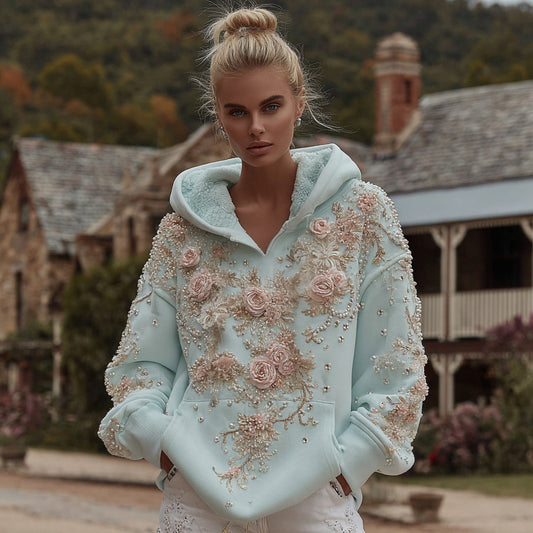 Comstylish Women's Vintage Bohemian Floral Embroidery Casual V-neck Hoodie