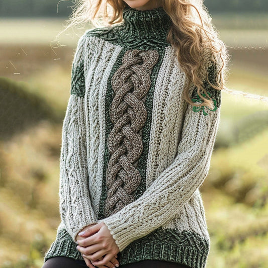 Women's Celtic Thick Rope Braid Trefoil Turtle Neck Contrast Sweater elevenforest